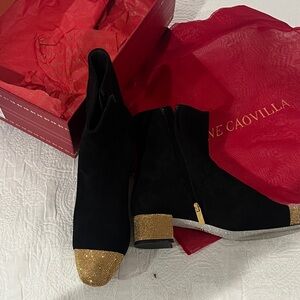 Rene Caovilla Black Suede Ankle Boots Gold Toe & signature silver sparkle sole.